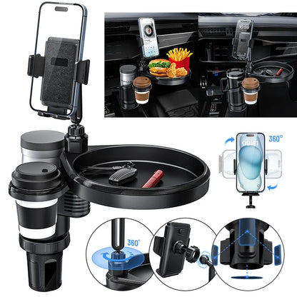 4-in-1 Car Drink Holder 360° Rotation with Phone Holder Car Organizer 2 Cup Holders Road Trip & Car Traveling Essential Gadget