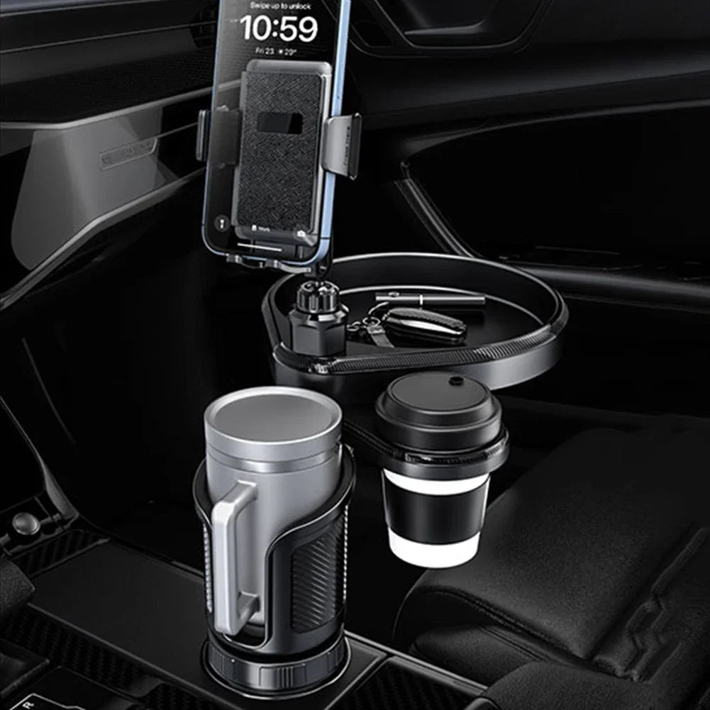 4-in-1 Car Drink Holder 360° Rotation with Phone Holder Car Organizer 2 Cup Holders Road Trip & Car Traveling Essential Gadget