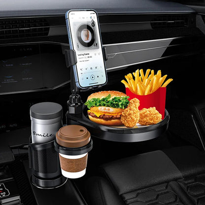 4-in-1 Car Drink Holder 360° Rotation with Phone Holder Car Organizer 2 Cup Holders Road Trip & Car Traveling Essential Gadget