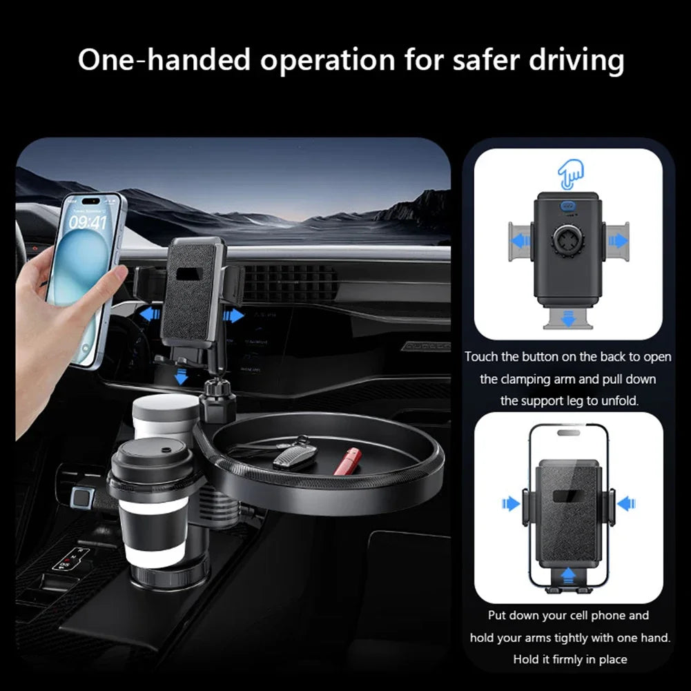 4-in-1 Car Drink Holder 360° Rotation with Phone Holder Car Organizer 2 Cup Holders Road Trip & Car Traveling Essential Gadget