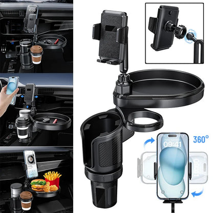 4-in-1 Car Drink Holder 360° Rotation with Phone Holder Car Organizer 2 Cup Holders Road Trip & Car Traveling Essential Gadget